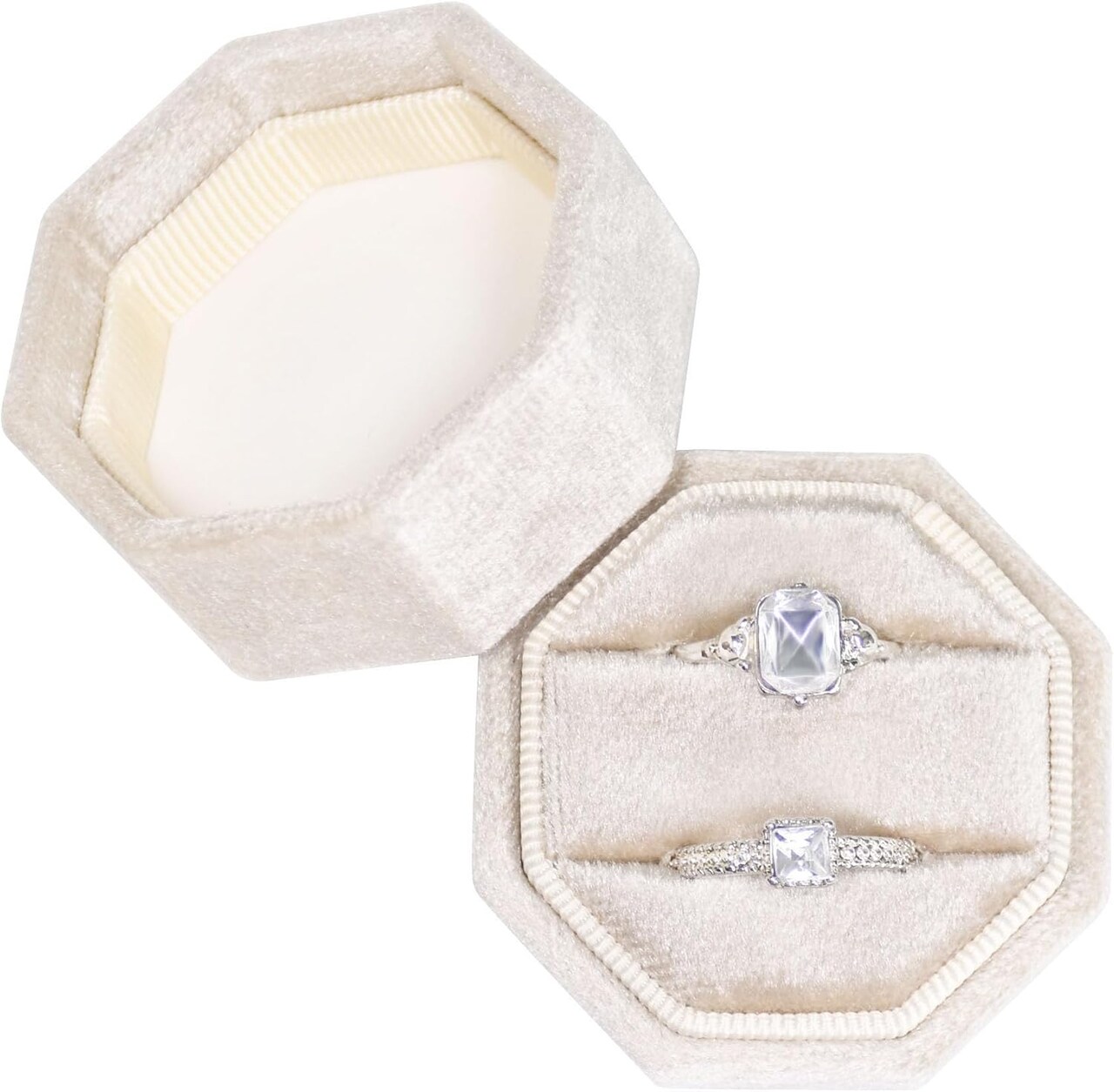 Velvet Ring Box, Ring Box 2 Slots Ring Gift Box Double Slots Octagon Ring Display Holder Case for Proposal Engagement Wedding Ceremony (Beige)